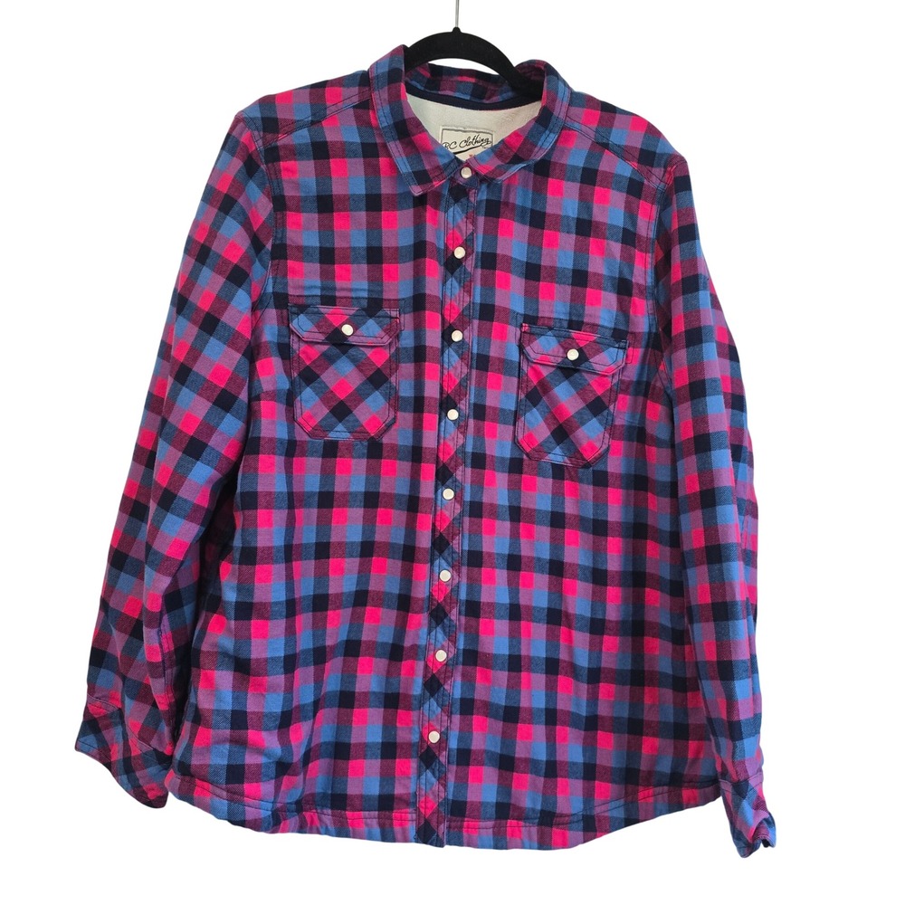 BC‎ Clothing Womens Fleece Lined Flannel Shirt XXL Pink Blue Plaid Snap Front
